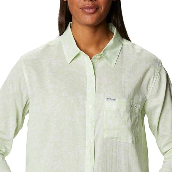 🆕Columbia Women's Slack Water Woven Long Sleeve Shirt, Light Lime Kona Print - Picture 4 of 5